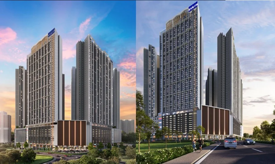 Architectural exterior rendering of Causewayz Square @ JBCC towers in Johor Bahru