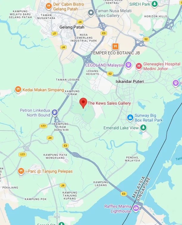 Location map showing The Kews Sales Gallery in Iskandar Puteri near Senibong Cove, Johor